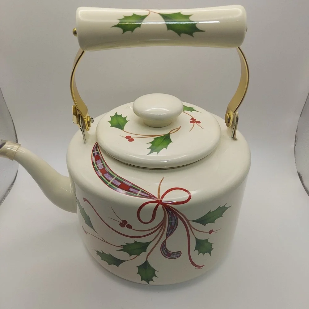 Lenox Holiday Nouveau Enamel Teakettle Christmas Holly Ribbon Made‎ Thailand